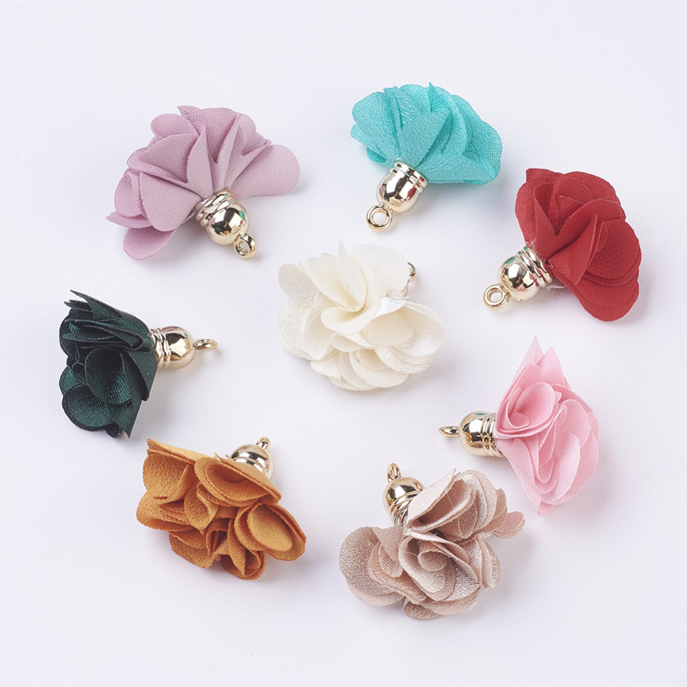 PandaHall Cloth Flower Pendants Decoration, with Plastic Findings, Mixed Color, 26~29x26~30mm, Hole: 1.5mm Cloth Flower Multicolor
