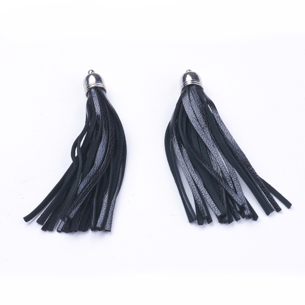 PandaHall Leather Mobile Pendant, with Brass Finding, Black, Size: about 10mm wide, 85mm long, hole: 1.5mm. Leather Black