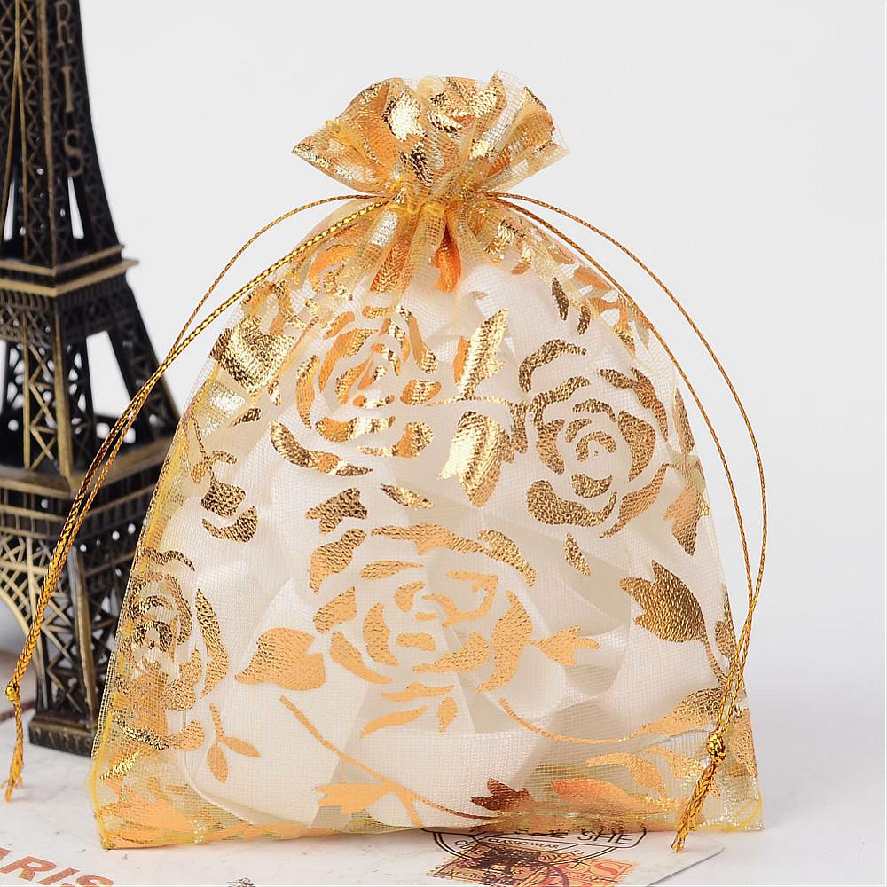 PandaHall Rose Printed Organza Bags, Gift Bags, Rectangle, PearlPink, 12x10cm Organza Rectangle Gold