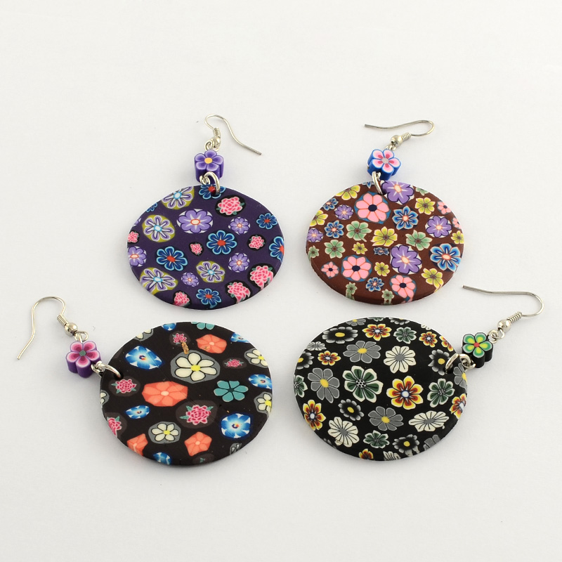 PandaHall Polymer Clay Flat Round with Flower Pattern Dangle Earrings, with Iron Earring Hooks, Platinum, Mixed Color, 70x39x2.5mm Polymer...