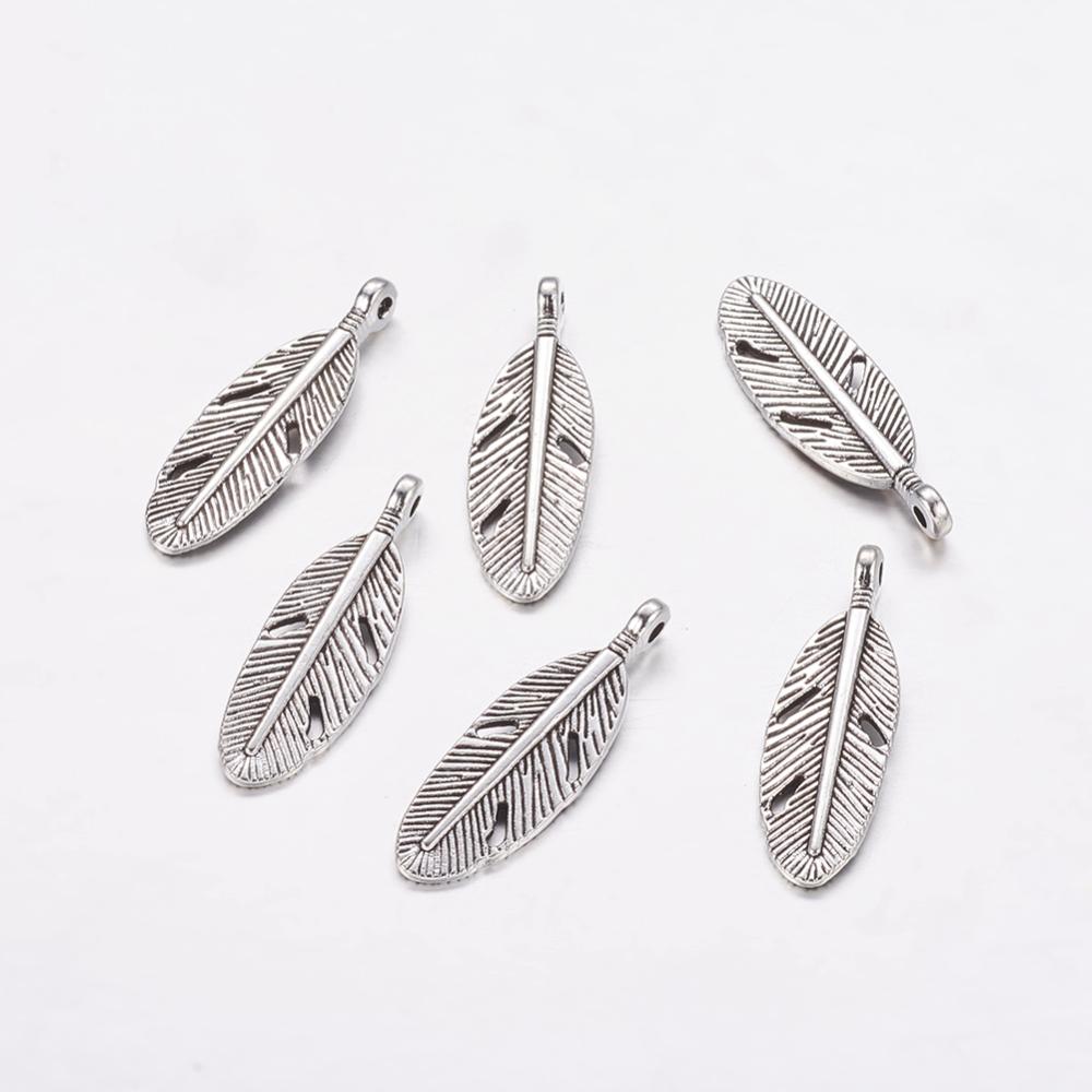 PandaHall Tibetan Style Alloy Feather Pendants, Lead Free & Cadmium Free, Antique Silver, 30x9x2.5mm, Hole: 2mm Alloy Feather