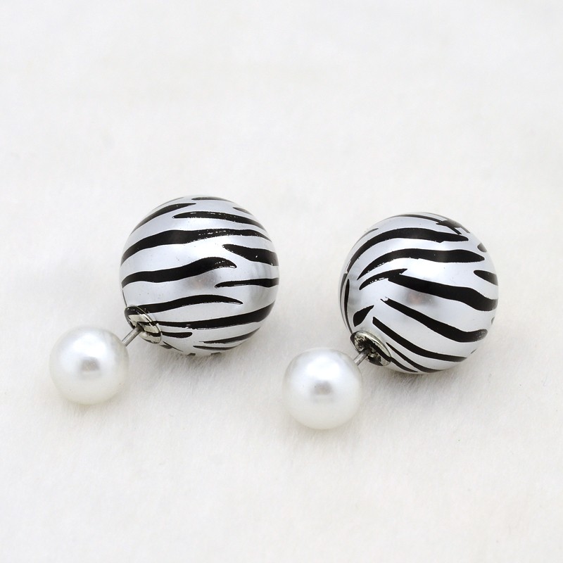 PandaHall Zebra Printing Double Sided Round Resin Beads Ball Stud Earrings, with Stainless Steel Pins, Platinum, White, 24mm, Pin: 0.8mm...