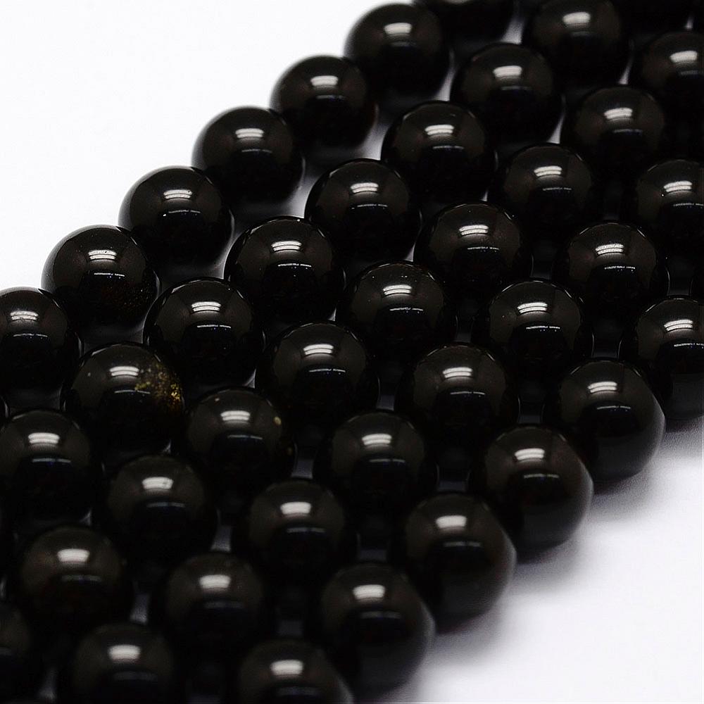 PandaHall Natural Golden Sheen Obsidian Beads Strands, Round, 10mm, Hole: 1.2mm; about 42pcs/strand, 16" Golden Sheen Obsidian Round Black