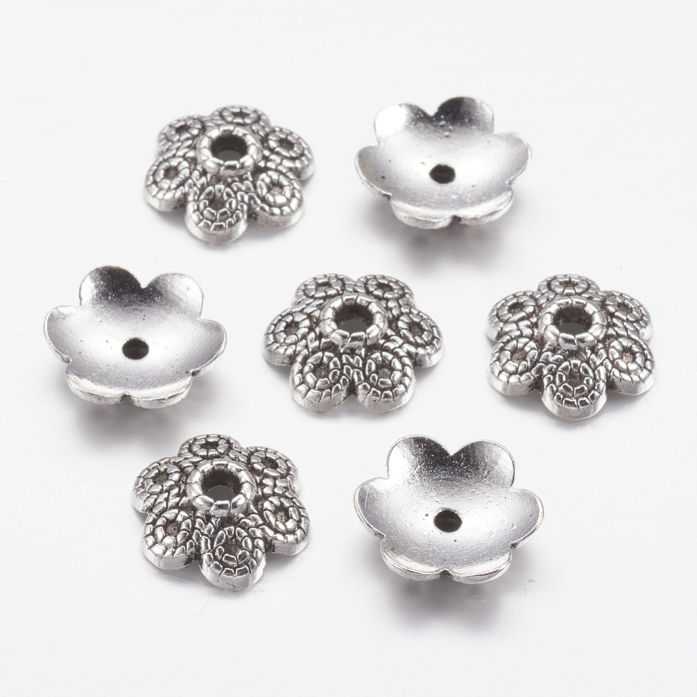PandaHall Tibetan Style Alloy Flower Bead Caps, 6-Petal, Lead Free & Cadmium Free, Antique Silver, 10x3mm, Hole: 2mm Alloy