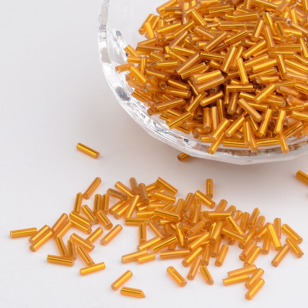 PandaHall Glass Bugle Beads, Seed Beads, Golden, Silver-Lined, about 1.8mm in diameter, 6mm long, hole: 0.6mm; 1250pcs/50g Glass Gold