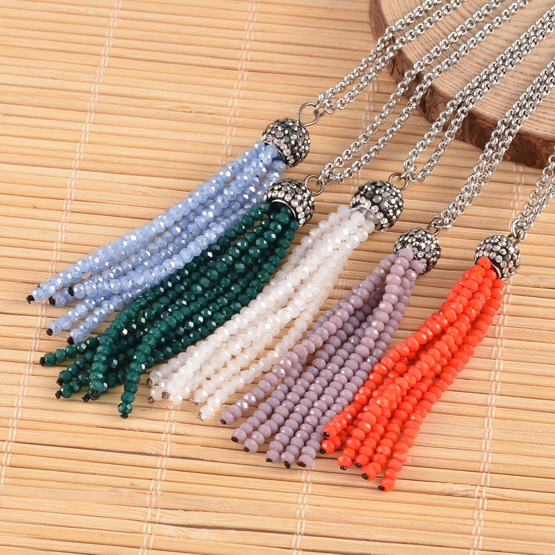 PandaHall Faceted Glass Beaded Tassel Pendant Necklaces, with 304 Stainless Steel Rolo Chains, Mixed Color, 27.55"(70cm) Stainless Steel...