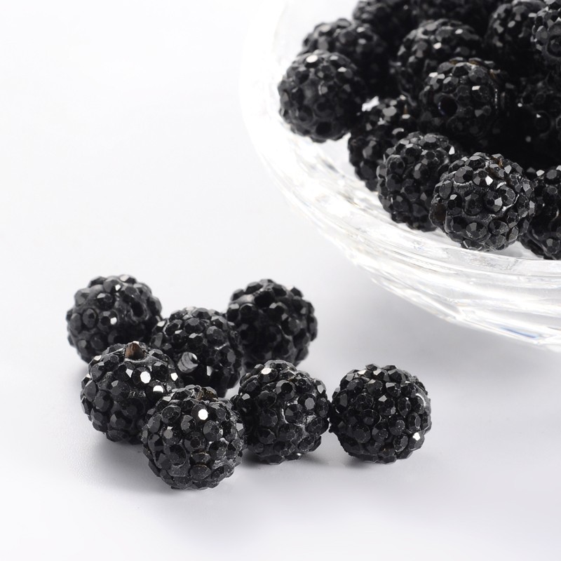 PandaHall Pave Disco Ball Beads, Polymer Clay Rhinestone Beads, Round, Jet, 10mm, Hole: 1.5mm Polymer Clay+Glass Rhinestone Round Black