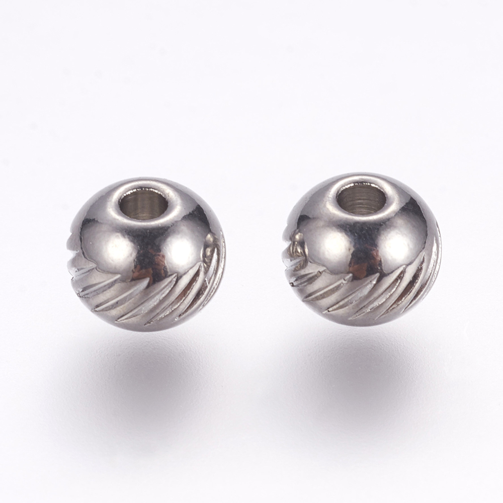 PandaHall 304 Stainless Steel Beads, Round with Twill, Stainless Steel Color, 6x5mm, Hole: 1.5mm Stainless Steel Round