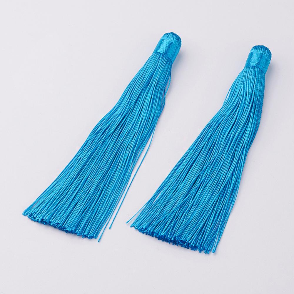 PandaHall Nylon Tassels Big Pendant Decorations, SkyBlue, 120x10mm, Hole: 5mm Nylon Blue