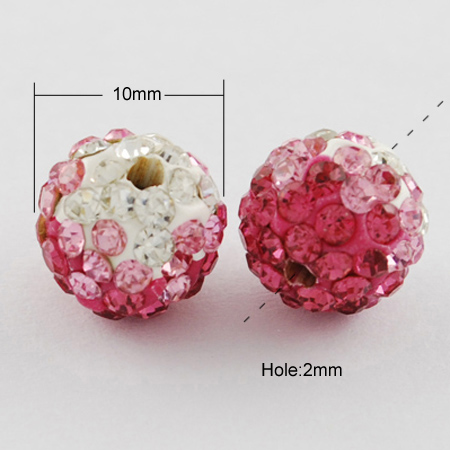 PandaHall Pave Disco Ball Beads, Polymer Clay Rhinestone Beads, Grade A, Rose, 10mm, Hole: 2mm Polymer Clay+Glass Rhinestone Round