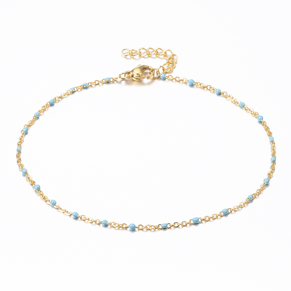 PandaHall 304 Stainless Steel Cable Chain Anklets, with Enamel Links, Golden, SkyBlue, 9"(23cm); 1.5~2mm Stainless Steel Blue