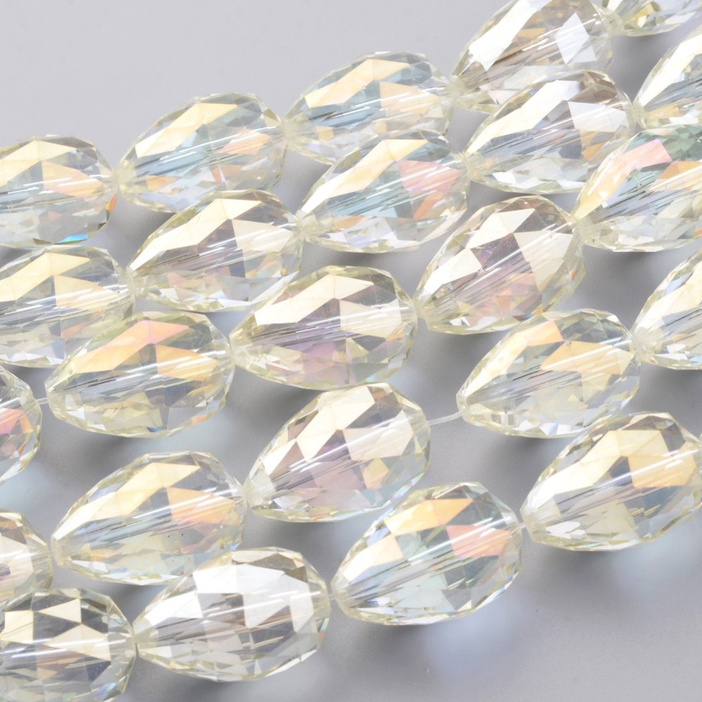 PandaHall Electroplate Glass Bead Strands, Full Rainbow Plated, Faceted, Drop, LightYellow, 25x18mm, Hole: 2mm; 8pcs/strand, 8"(21cm) Glass...