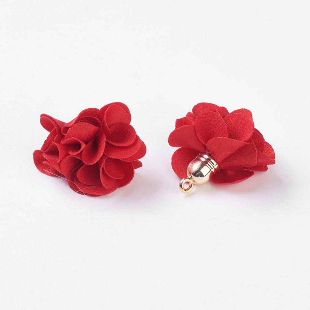 PandaHall Cloth Pendant Decorations, with Acrylic Findings, Flower, Red, 25~30x28~35mm, Hole: 2mm Cloth Flower Red