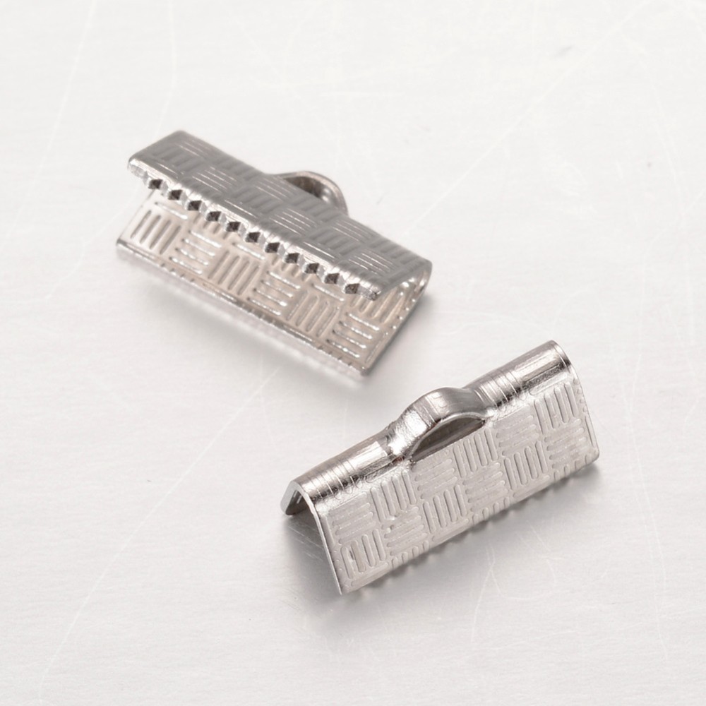 PandaHall Rectangle 304 Stainless Steel Ribbon Ends, Stainless Steel Color, 13x5x7mm, Hole: 1x2.5mm Stainless Steel