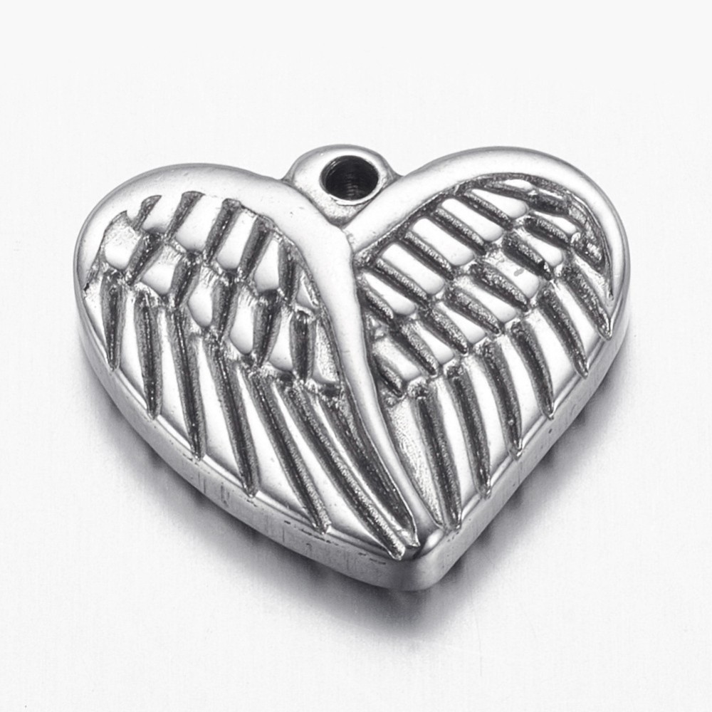 PandaHall 304 Stainless Steel Pendants, Heart with Wing, Stainless Steel Color, 16x18x3.5mm, Hole: 1.5mm Stainless Steel Heart