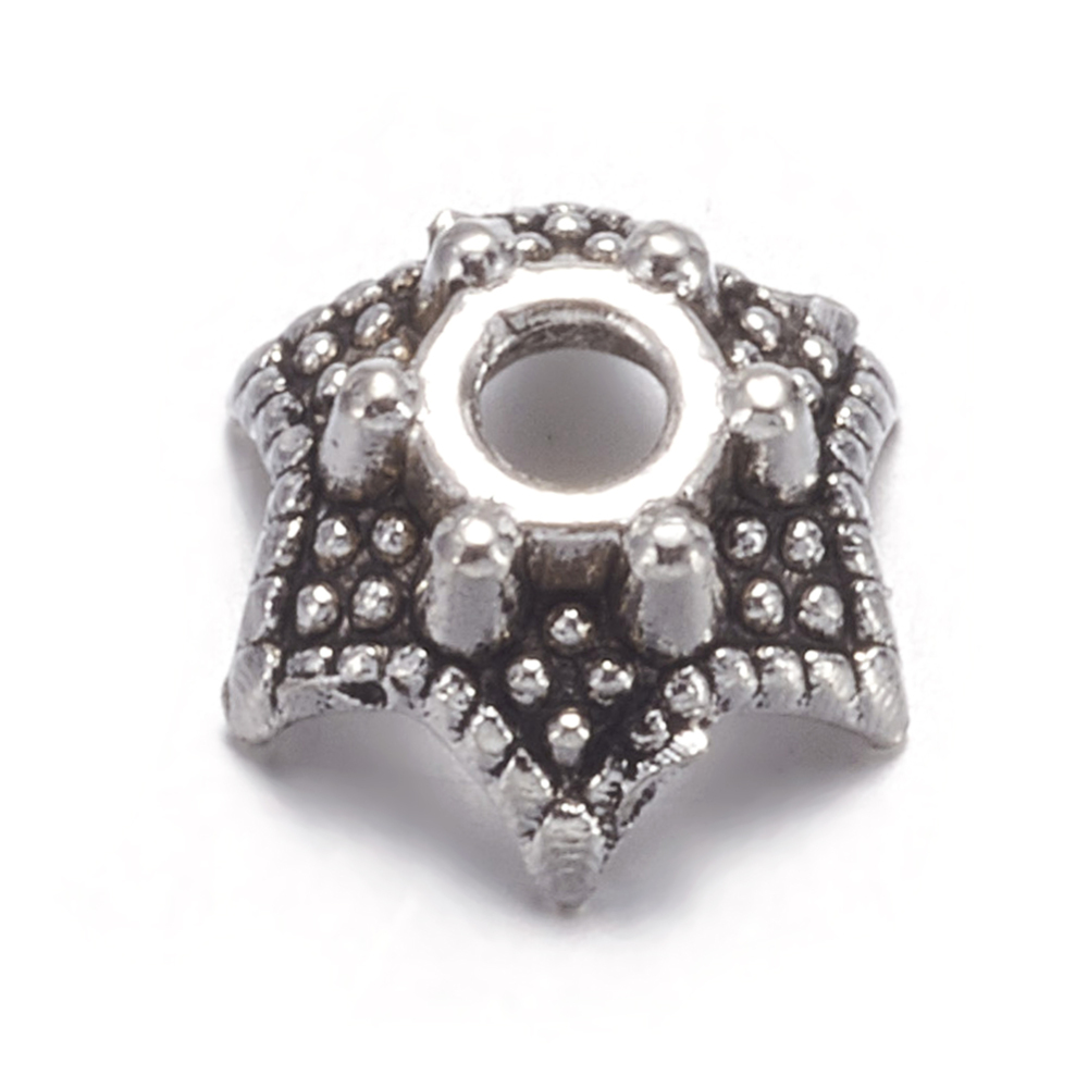 PandaHall 6-Petal Flower Tibetan Silver Bead Caps, Lead Free, Antique Silver, about 7mm in diameter, 3mm high, Hole: 2mm Alloy