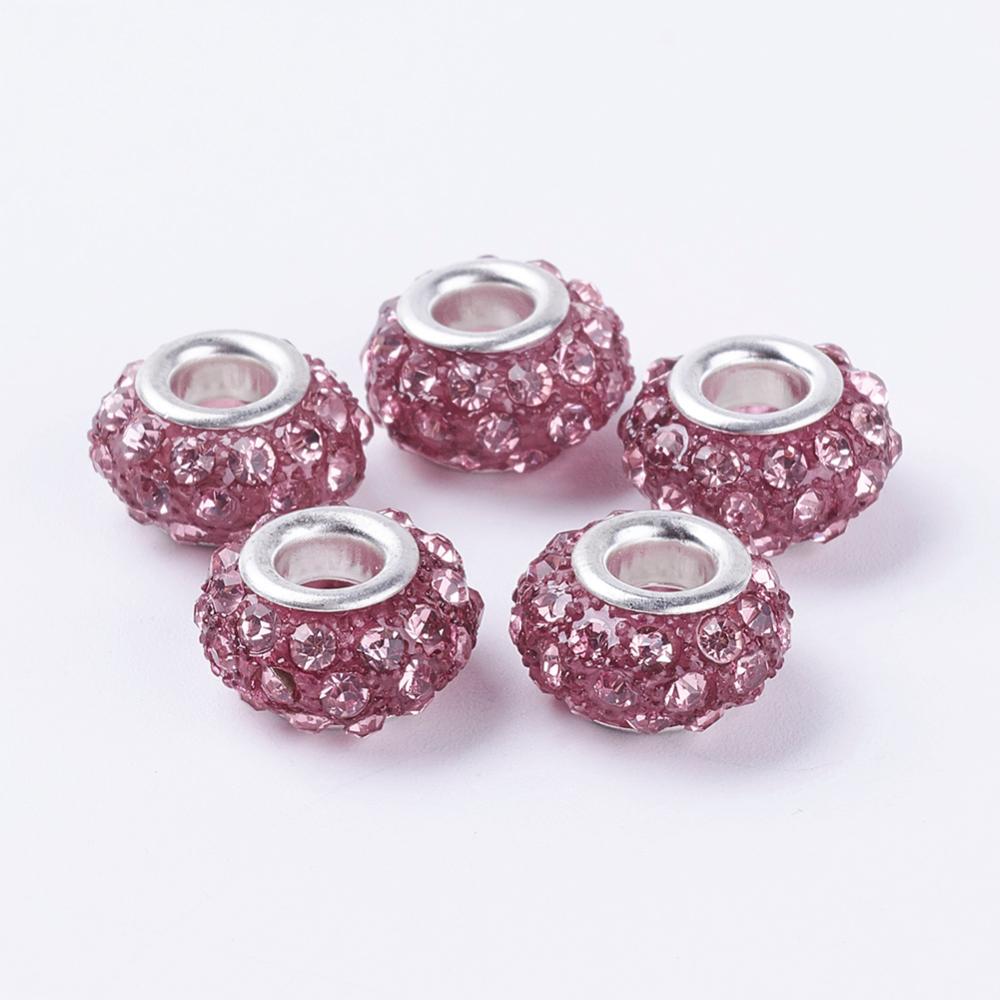 PandaHall Light Rose Rondelle Glass and Resin Rhinestone Large Hole European Beads, with Silver Color Brass Core, 14x9mm, Hole: 5mm...