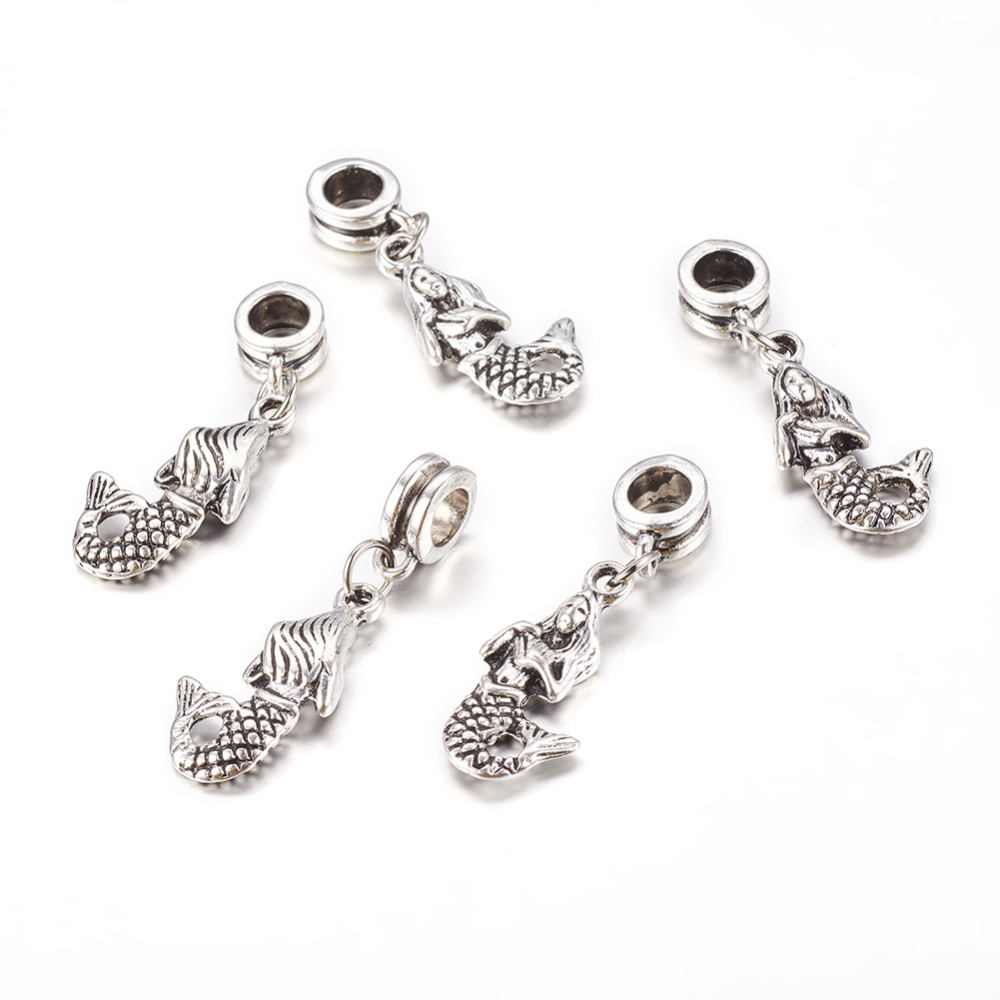 PandaHall Alloy European Dangle Beads, Mermaid, Antique Silver, 33mm, Hole: 5mm Alloy Others