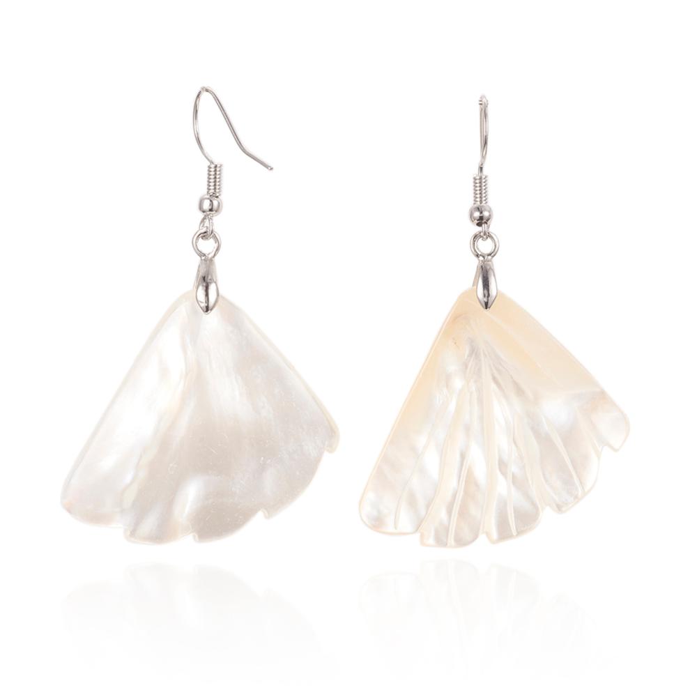 PandaHall Natural White Shell Dangle Earrings, with Platinum Tone Brass Earring Hooks, Fan, 55mm; Pin: 0.6mm Shell
