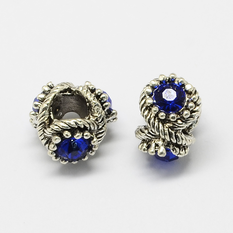 PandaHall Alloy Rhinestone European Beads, Large Hole Beads, Antique Silver, Sapphire, 12x13x8~9mm, Hole: 5mm Alloy+Rhinestone Rondelle