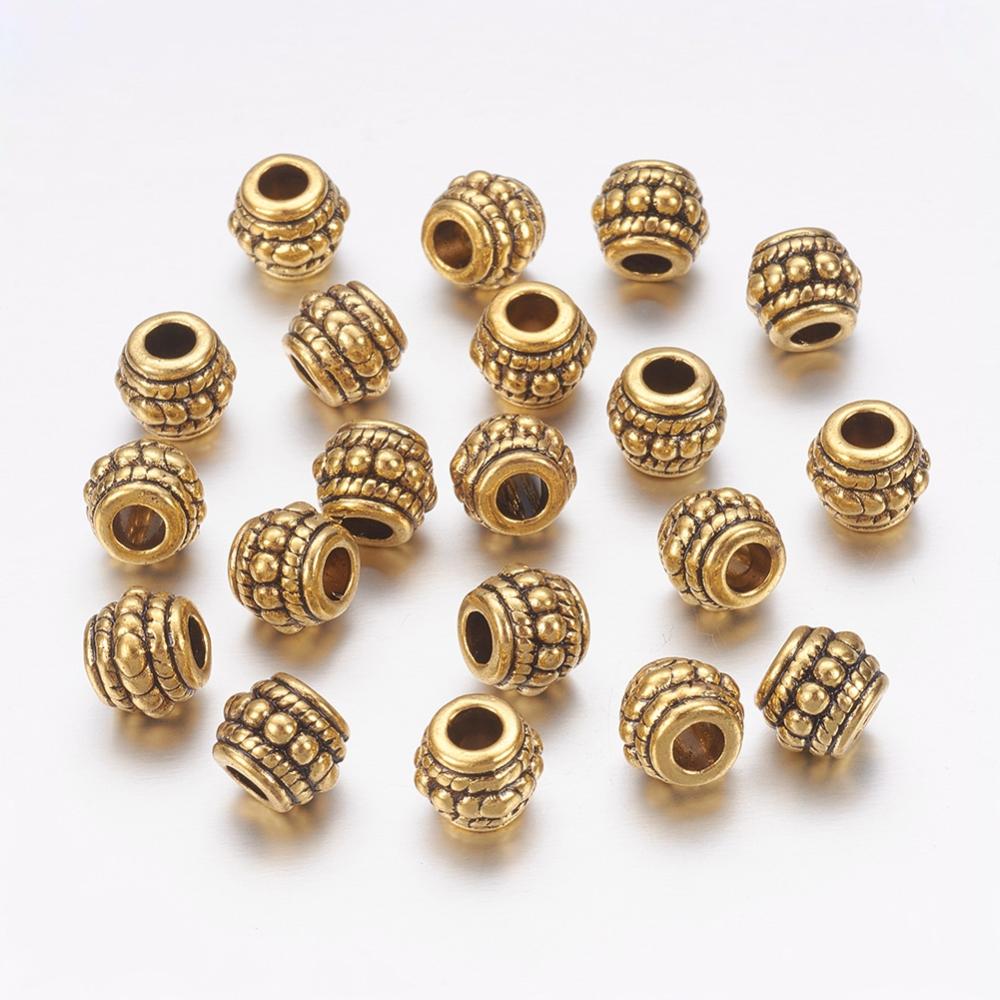 PandaHall Tibetan Style Beads, Lead Free, Cadmium Free and Nickel Free, Barrel, Antique Golden, about 8mm in diameter, 6.5mm thick, hole...
