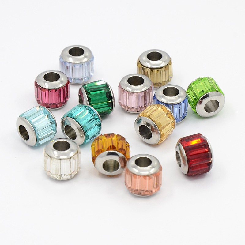 PandaHall Glass European Beads, Large Hole Drum Beads, with 304 Stainless Steel Core, Faceted, Mixed Color, 11x10mm, Hole: 5mm...