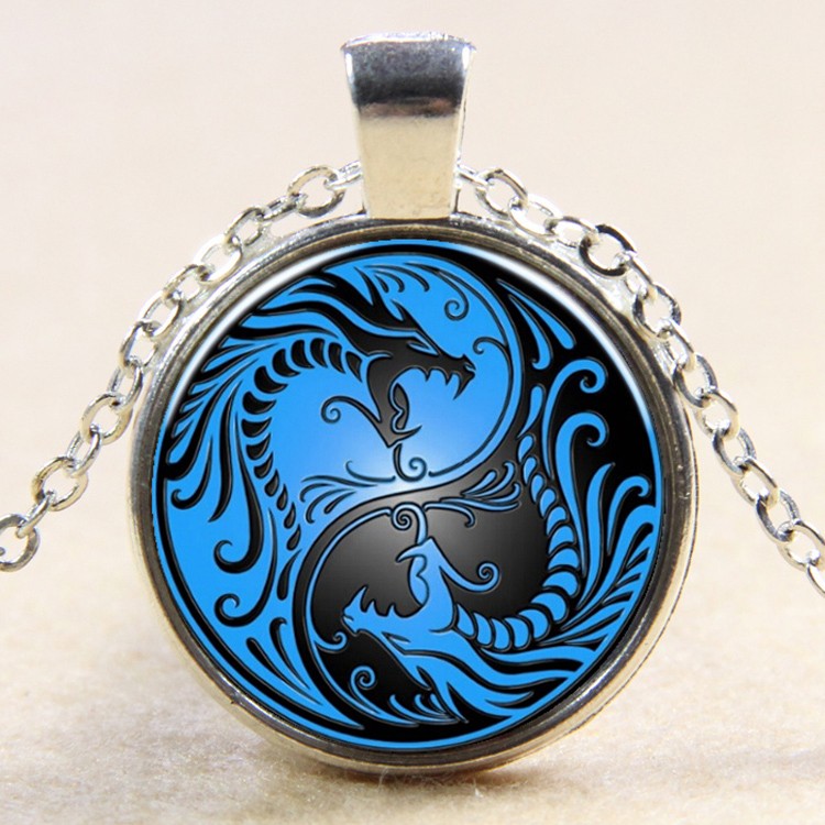 PandaHall Dragon and Phoenix Pattern Flat Round Glass Pendant Necklaces, with Alloy Chains, Silver, 18" Glass