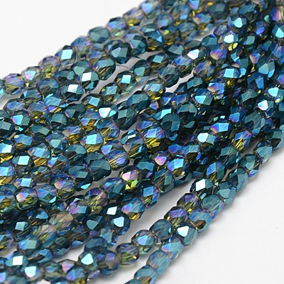 PandaHall Electroplate Glass Beads Strands, Half Rainbow Plated, Faceted, Cube, MediumTurquoise, 4x4x4mm, Hole: 1mm, about 100pcs/strand...