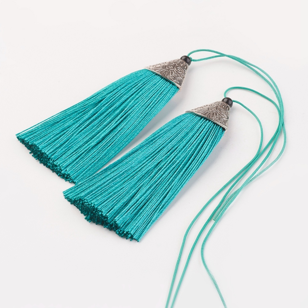 PandaHall Nylon Tassels Big Pendant Decorations, with CCB Plastic, Antique Silver, Turquoise, 85x20x10.5mm Nylon Green