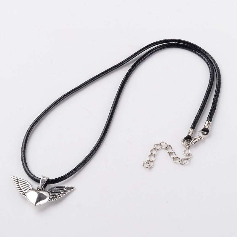 PandaHall Heart with Wing Alloy Pendant Necklaces, with Waxed Cord & Iron End Chain, Antique Silver, 17.7" Alloy