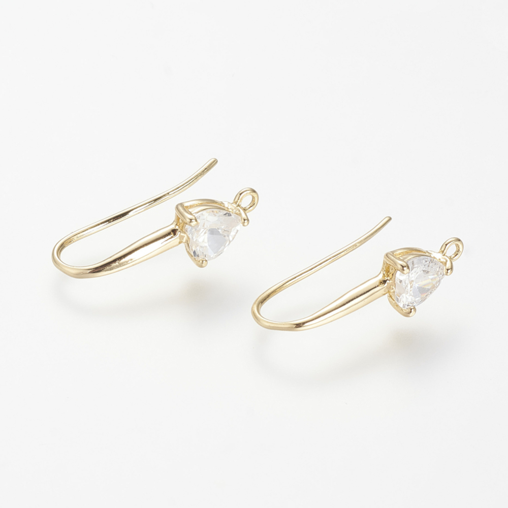 PandaHall Brass Cubic Zirconia Earring Hooks, Real Gold Plated, 22x13mm, Hole: 2mm; Pin: 1mm Brass