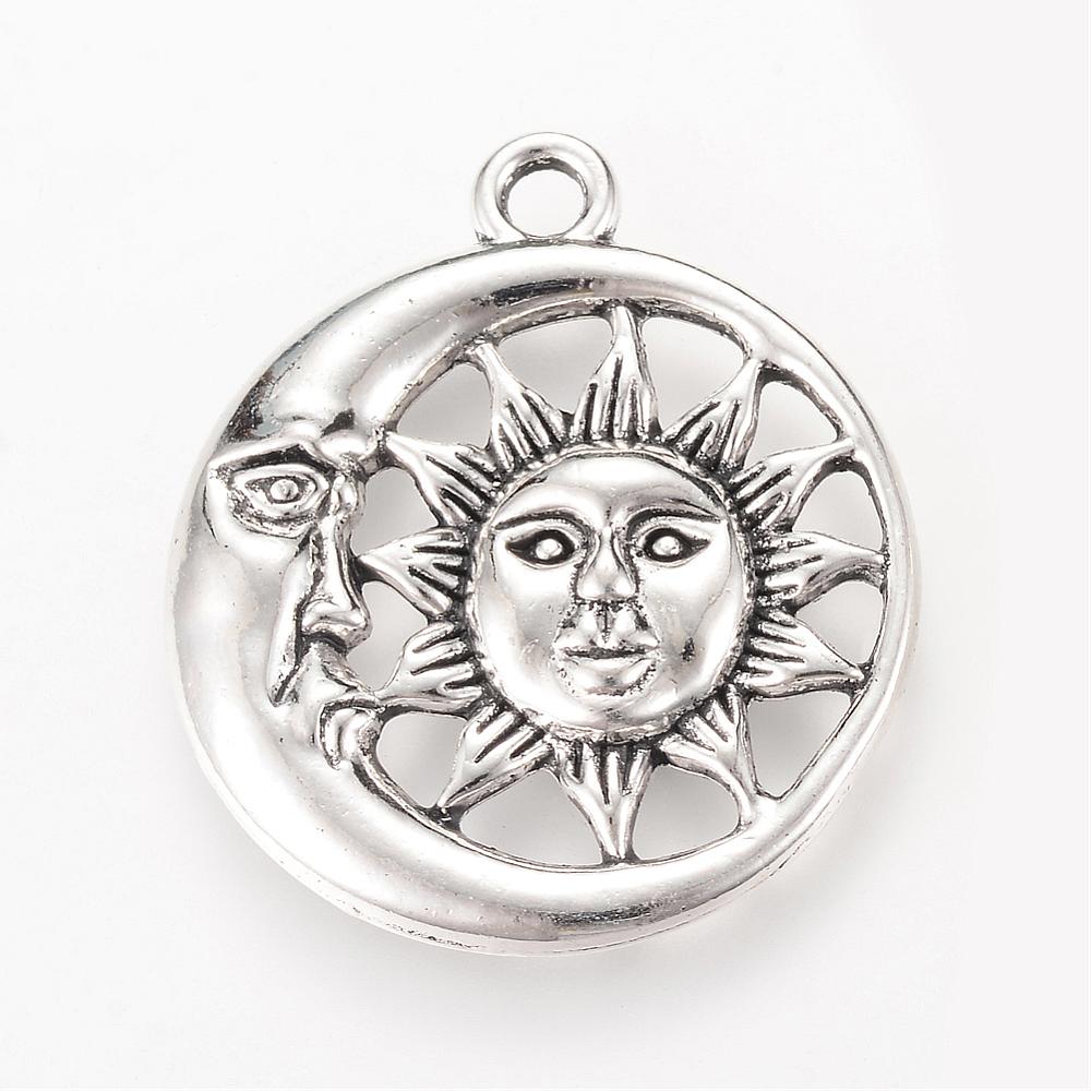 PandaHall Tibetan Style Alloy Pendants, Flat Round with Sun & Moon, Lead Free & Cadmium Free, Antique Silver, 30x26.5x3mm, Hole: 2.5mm;...