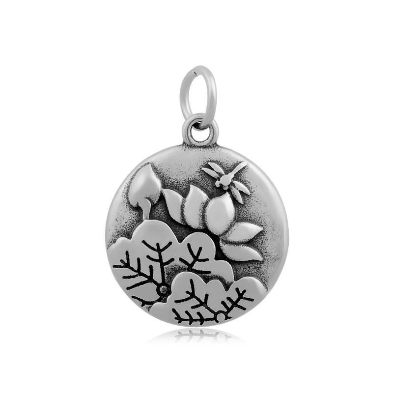 PandaHall 316 Stainless Steel Pendants, Flat Round, Carved Pattern, Antique Silver, 23x20x3mm, Hole: 5mm Stainless Steel Flat Round
