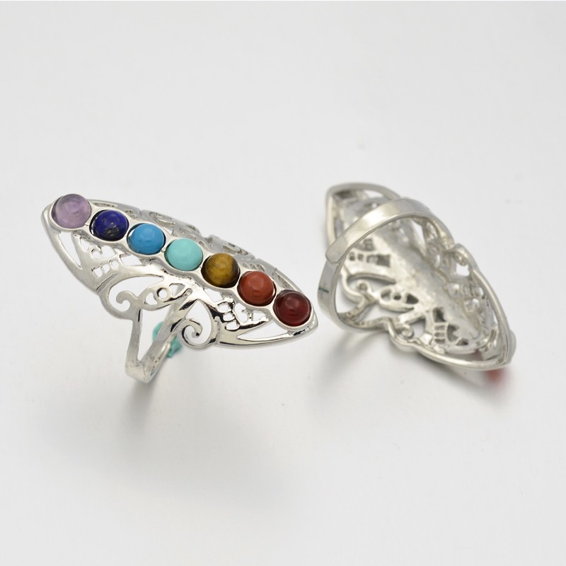 PandaHall Chakra JewelryVintage Filigree Brass Gemstone Wide Band Rings, Lead Free & Nickel Free, Platinum, 19mm Mixed Stone Multicolor