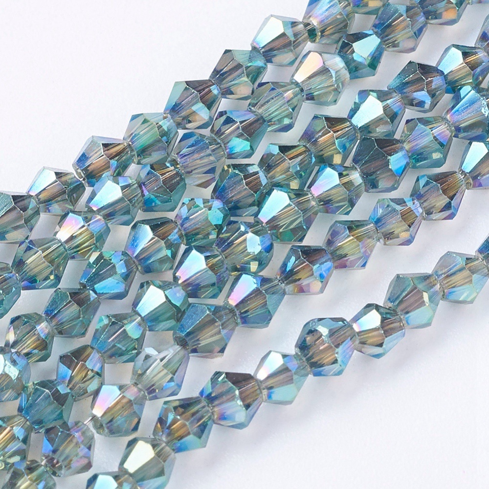 PandaHall 1 Strand Faceted Bicone Full Plated Glass Beads Strands, Teal, 3x3mm, Hole: 1mm; about 100pcs/strands, 12.2" Glass Bicone Cyan
