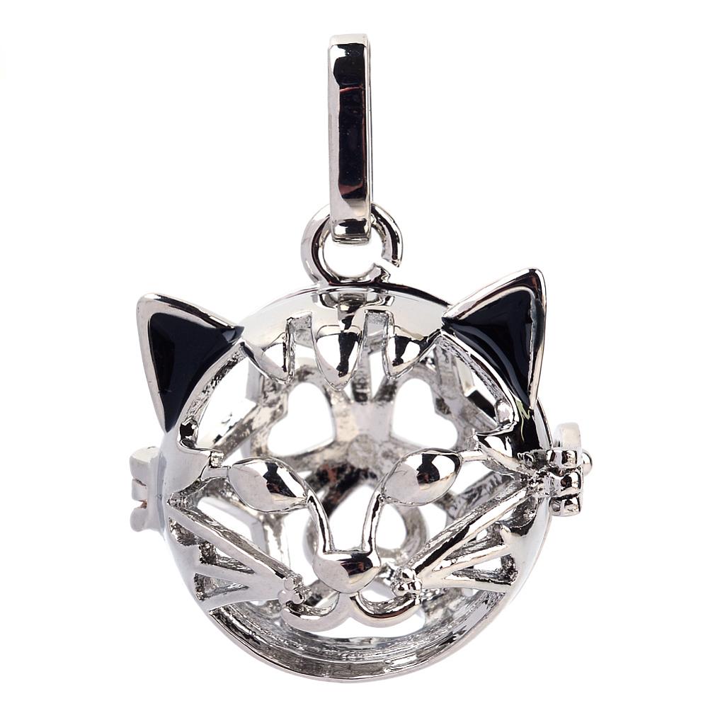 PandaHall Rack Plating Brass Cage Pendants, For Chime Ball Pendant Necklaces Making, Hollow Cat, Platinum, 26x25x25mm, Hole: 4x8mm; inner...
