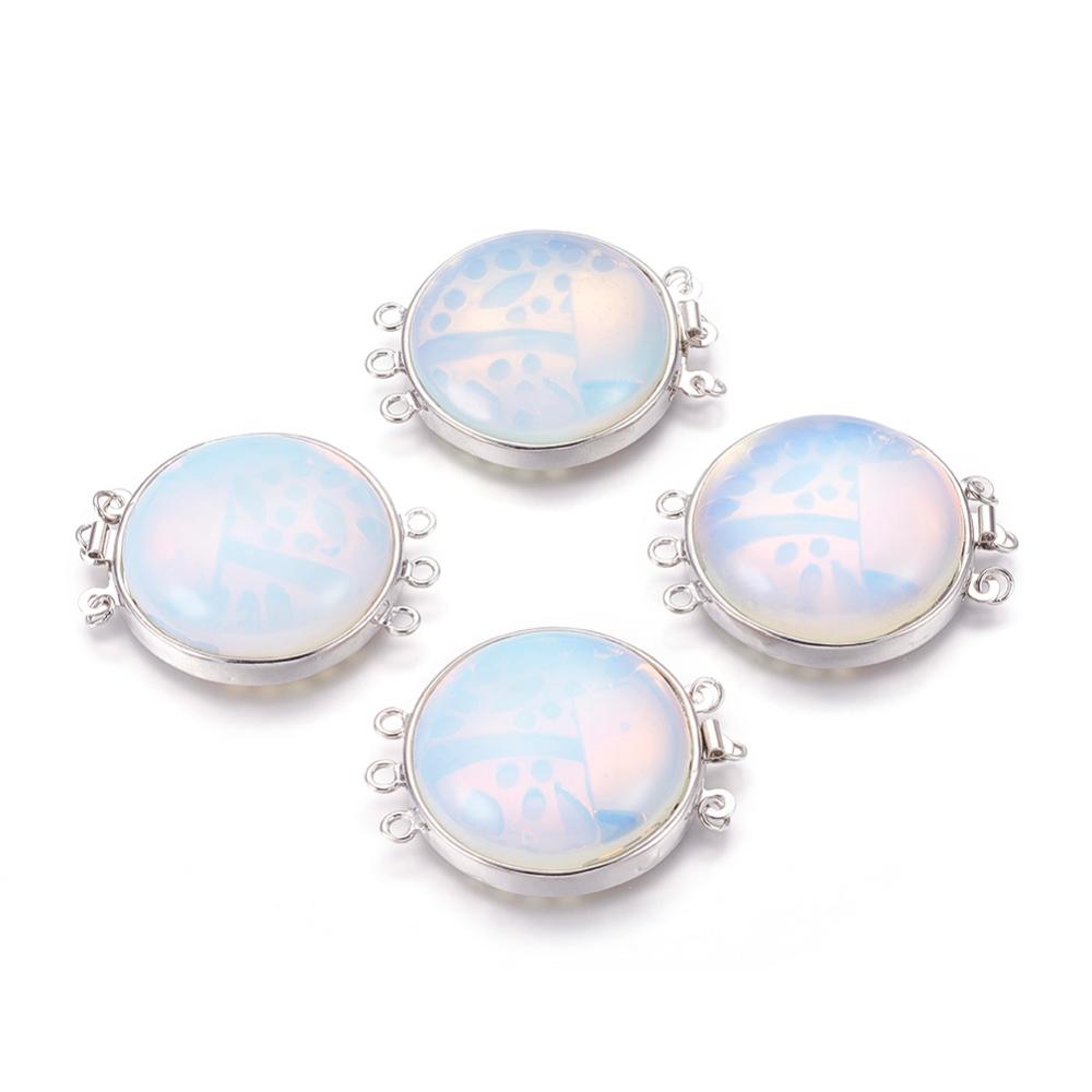 PandaHall Opalite Box Clasps, Multi-Strand Clasps, with Platinum Tone Brass Findings, Flat Round, 39.5~40x32x10~11mm, Hole: 2mm Opalite Flat...