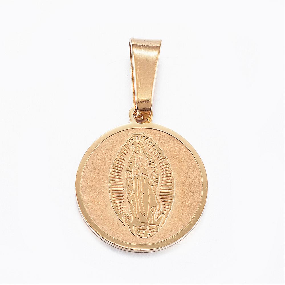 PandaHall 304 Stainless Steel Pendants, Flat Round, with Virgin Mary, Golden, 17x15x1mm, Hole: 8x4mm Stainless Steel Flat Round