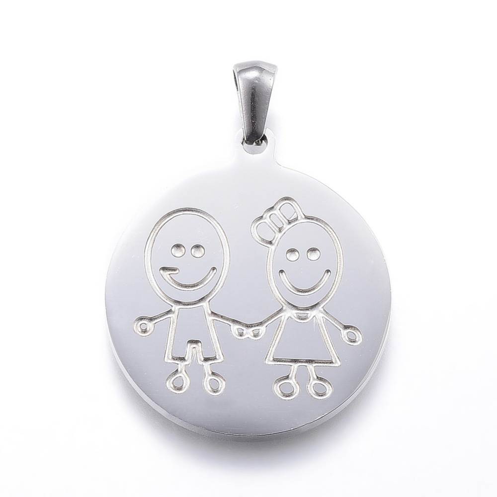 PandaHall 304 Stainless Steel Pendants, Flat Round with Boy & Girl, Stainless Steel Color, 38.5x25x2mm, Hole: 3x6mm Stainless Steel Flat...