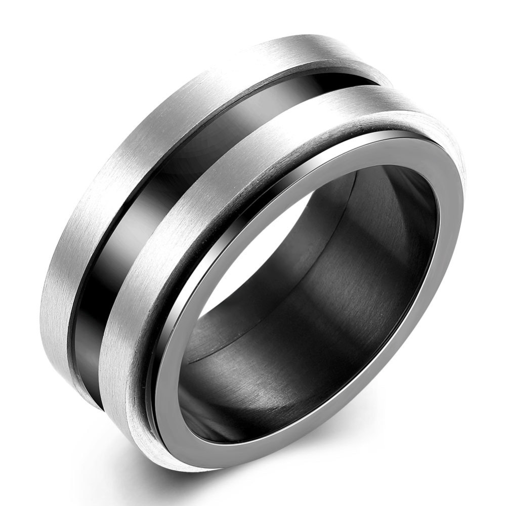 PandaHall Fashionable 316L Titanium Steel Wide Band Rings for Men, Gunmetal & Stainless Steel Color, Size 9, 18.9mm Titanium Steel