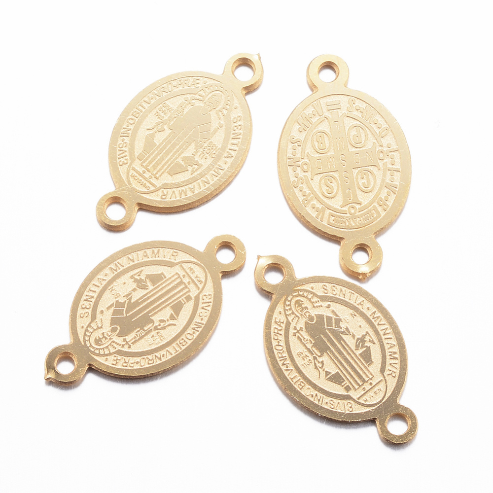 PandaHall 304 Stainless Steel Links, Oval with Saint Benedict, Golden, 16x9x0.8mm, Hole: 1mm Stainless Steel Oval
