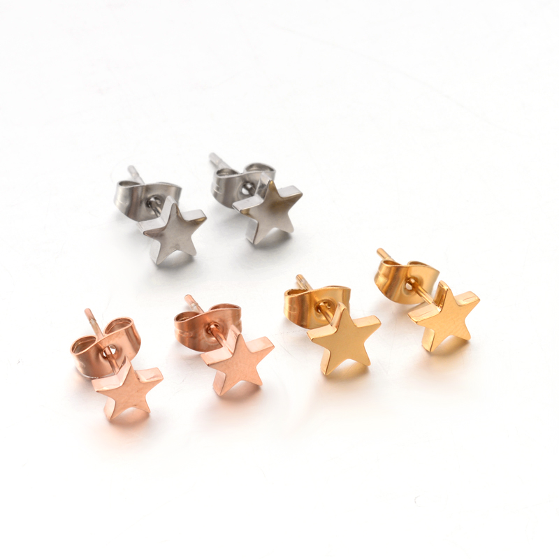 PandaHall 304 Stainless Steel Ear Studs, Star, Mixed Color, 7x7mm, Pin: 0.8mm Stainless Steel