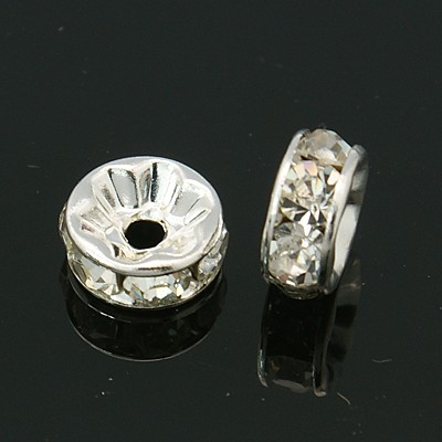 PandaHall Brass Grade A Rhinestone Spacer Beads, Rondelle, Silver, 8x3.8mm, Hole: 1.5mm Brass+Rhinestone Rondelle Silver