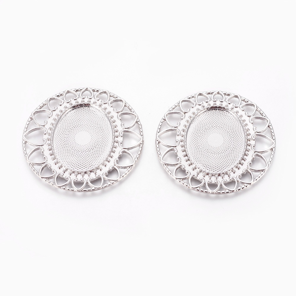 PandaHall Alloy Cabochon Settings, DIY Material for Hair Accessories, Flat Round, Platinum, Tray: 40x30mm; 63x63x2mm Alloy