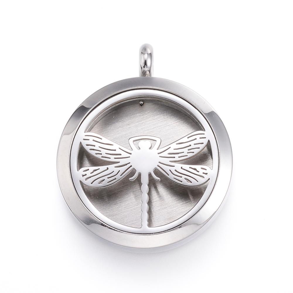 PandaHall 316 Stainless Steel Diffuser Locket Pendants, with Perfume Pad and Magnetic Clasps, Flat Round with Dragonfly, Stainless Steel...