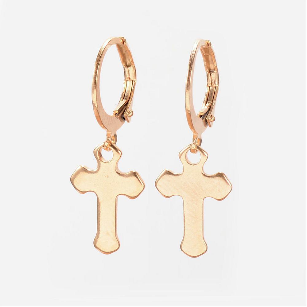 PandaHall 304 Stainless Steel Earrings, Leverback Earrings, Cross, Golden, 28mm, Pin: 1mm Stainless Steel