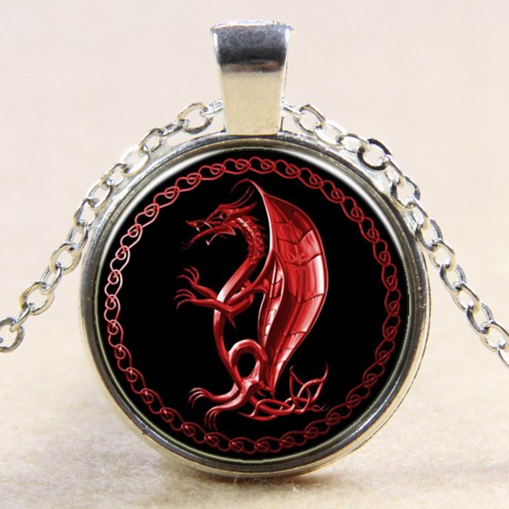 PandaHall Dragon Pattern Flat Round Glass Pendant Necklaces, with Alloy Chains, Silver, 18" Glass