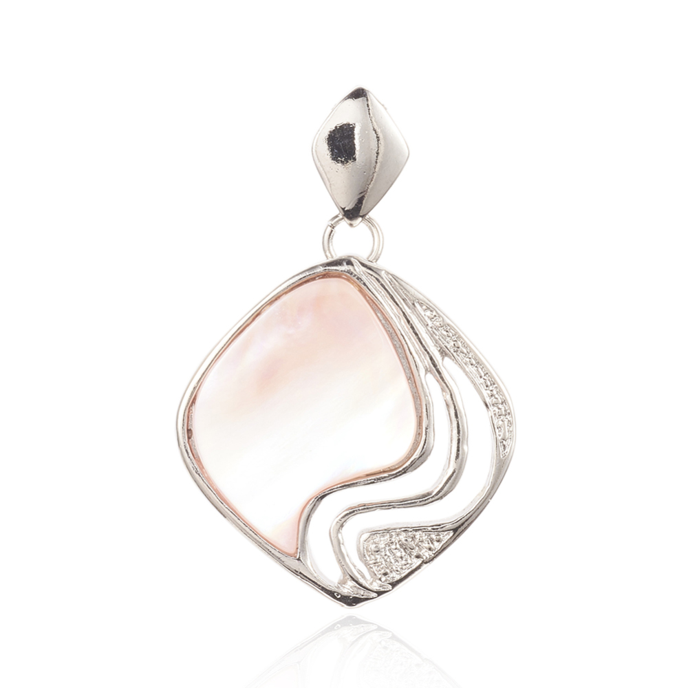 PandaHall Natural Pink Shell Pendants, with Platinum Tone Brass Findings, Rhombus, 28x27x3mm, Hole: 2~2.5x4~4.5mm Pink Shell Rhombus