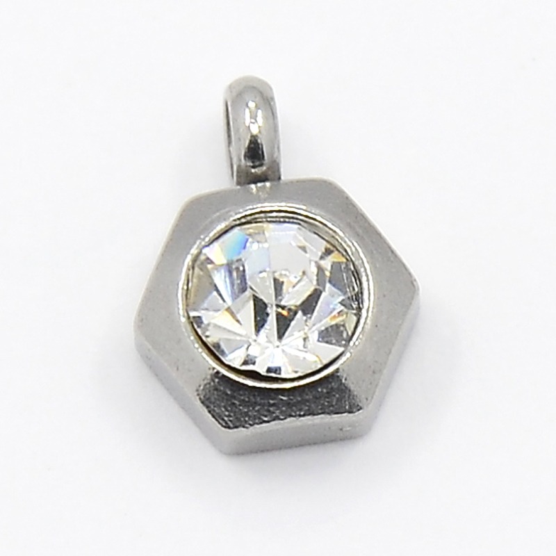 PandaHall 304 Stainless Steel Rhinestone Hexagon Charm Pendants, Grade A, Faceted, Crystal, 9x7x4mm, Hole: 1mm Stainless Steel+Rhinestone...