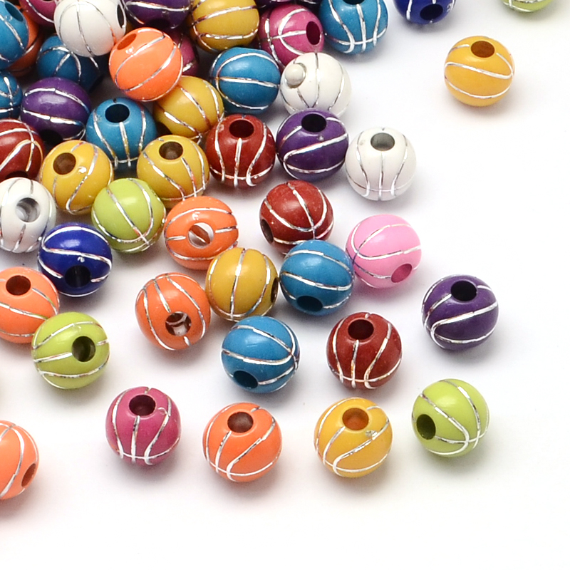 PandaHall Basketball Plating Acrylic Beads, Large Hole Beads, Silver Metal Enlaced, Mixed Color, 12mm, Hole: 4mm; about 580pcs/500g Acrylic...